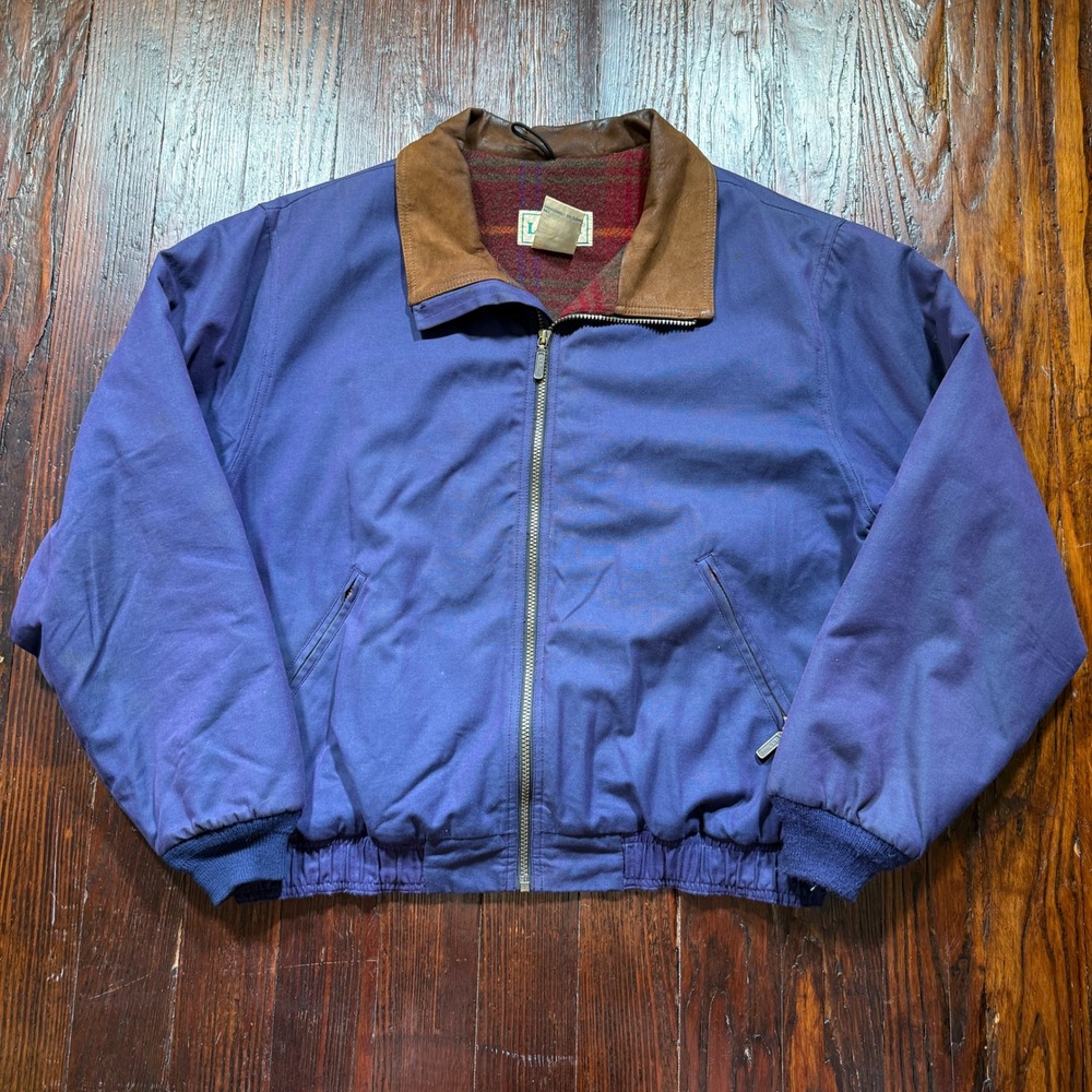 Vintage LL Bean Jacket Mens L Blue Canvas Leather Collar Wool Blanket Lined